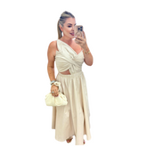 Coquette beige dress - con un tirante y diseño hoja